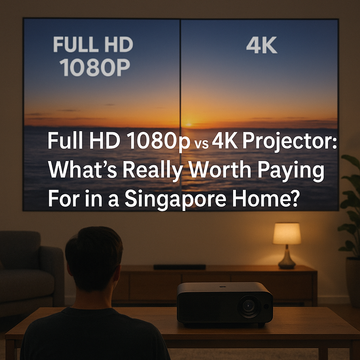 Side-by-side comparison of Full HD 1080p and 4K projector image quality in a cozy Singapore living room, illustrating clarity and viewing distance differences.