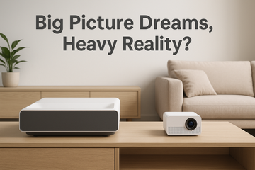 Ultra short throw projector and mini LED projector size comparison on a wooden TV console in a modern living room, with text ‘Big Picture Dreams, Heavy Reality?