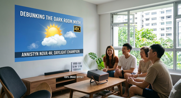 Annistyn Nova 4K projector sitting on a coffee table in a bright Singapore HDB living room, demonstrating 100% image offset with its inbuilt stand while projecting a clear movie in daylight for a family.
